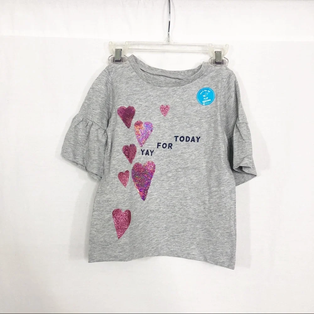 NEW Carter’s Girls Flip Sequin Heart Bell Sleeve Top, Size 4, Gray Pink
